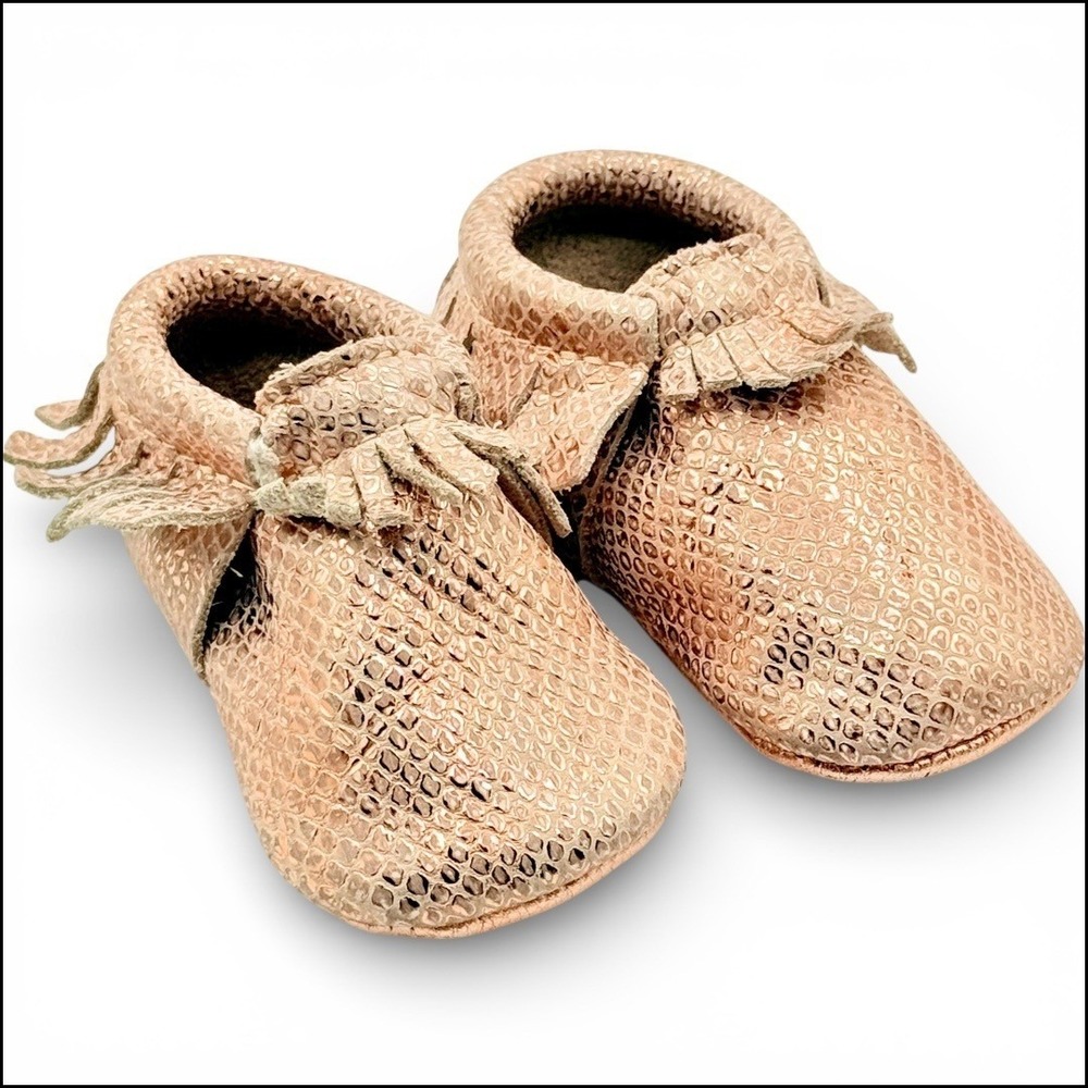 Freshly Picked Rose Gold Leather Baby Classic Moccasin Fringe Soft Sole 4 Luxury